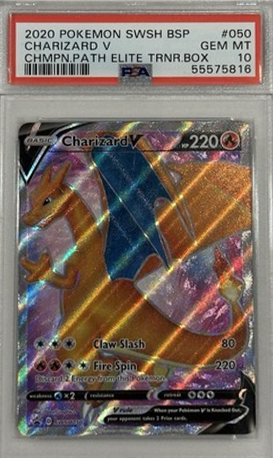 Pokémon Charizard V trading card in a protective case with PSA grading label
