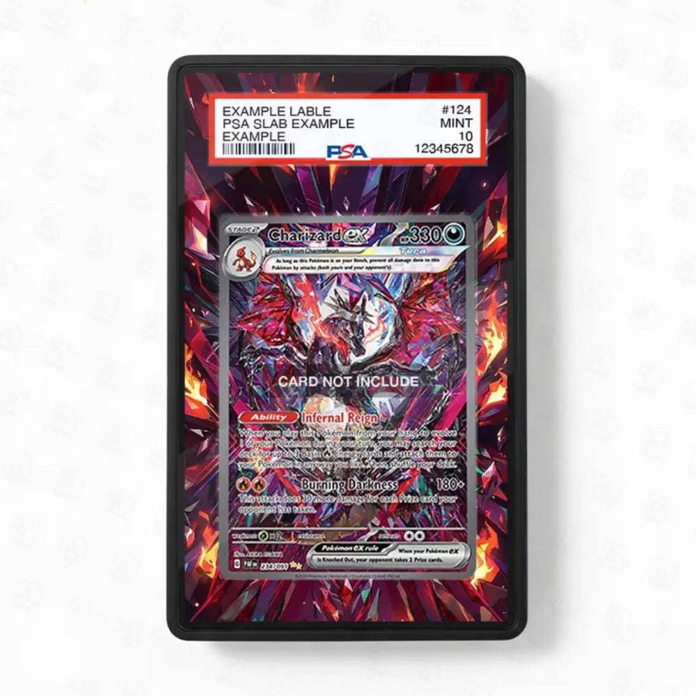 Card in a protective frame with colorful design on a white background