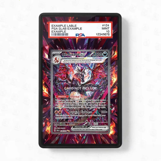 Card in a protective frame with colorful design on a white background