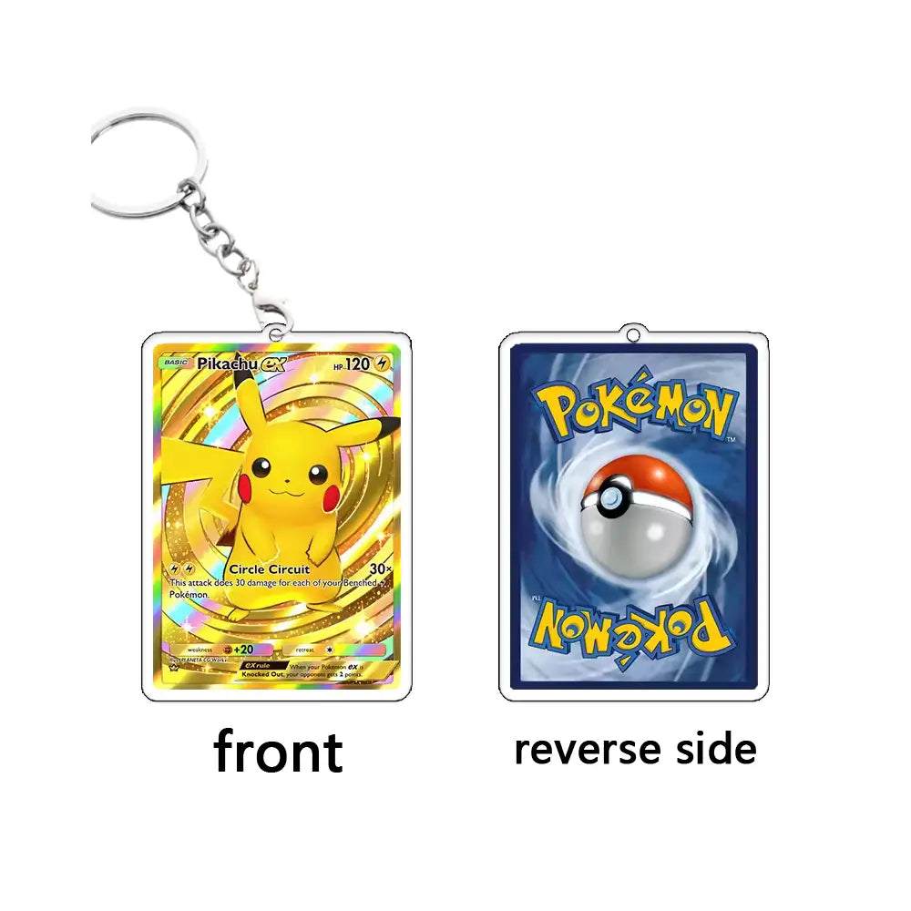 A Pokémon acrylic keychain shown from both sides on a white background. The front side features Pikachu with a gold holographic design and a silver key ring.