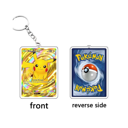 A Pokémon acrylic keychain shown from both sides on a white background. The front side features Pikachu with a gold holographic design and a silver key ring.