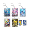 Six Pokémon acrylic keychains featuring different holographic trading card designs, arranged on a white background with front and reverse side views shown at the bottom right.