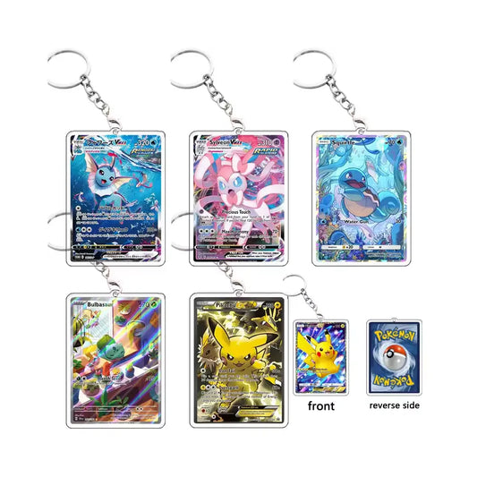 Six Pokémon acrylic keychains featuring different holographic trading card designs, arranged on a white background with front and reverse side views shown at the bottom right.