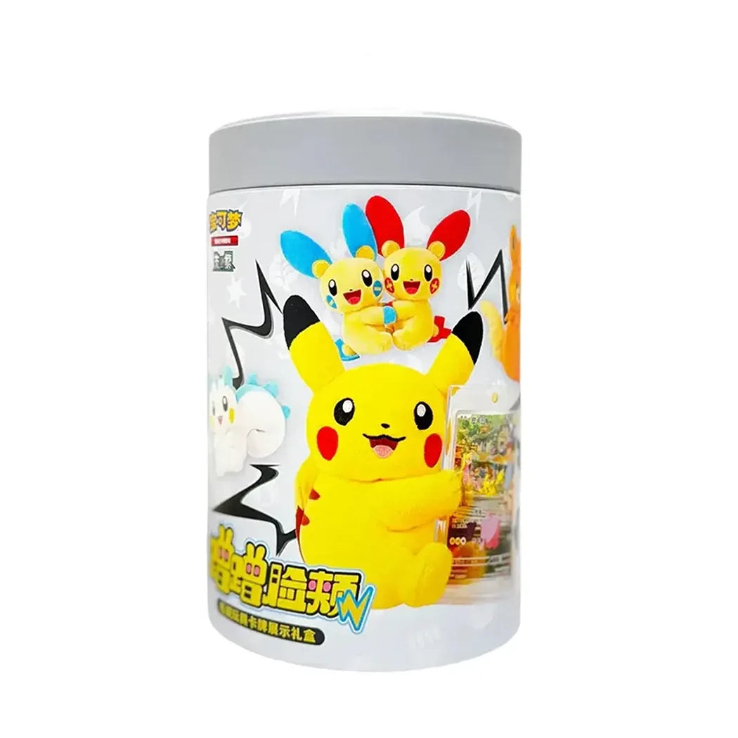 A cylindrical white container featuring Pikachu and other Pokémon characters on the front, with a gray lid. The image includes a text overlay at the top stating 'ORDERS WILL SHIP BY THE 2nd WEEK OF AUGUST'.