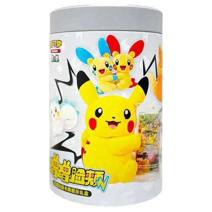 A cylindrical Pokémon-themed gift box featuring Pikachu and other Pokémon characters printed on the white container, photographed against a plain white background.