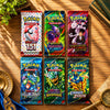 Pokémon English booster pack collection featuring Scarlet & Violet 151, Phantasmal Flames, Destined Rivals, Stellar Crown, Twilight Masquerade, and Crown Zenith packs arranged on aesthetic wooden table display