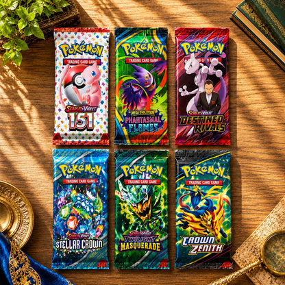 Pokémon English booster pack collection featuring Scarlet & Violet 151, Phantasmal Flames, Destined Rivals, Stellar Crown, Twilight Masquerade, and Crown Zenith packs arranged on aesthetic wooden table display
