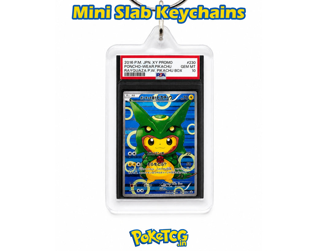 A collectible Pokémon TCG mini slab keychain featuring a graded Pokémon Wear Prichu card inside a clear plastic holder with a hanging loop, shown on a white background with 'Mini Slab Keychains' text at the top and the Pokémon logo at the bottom.