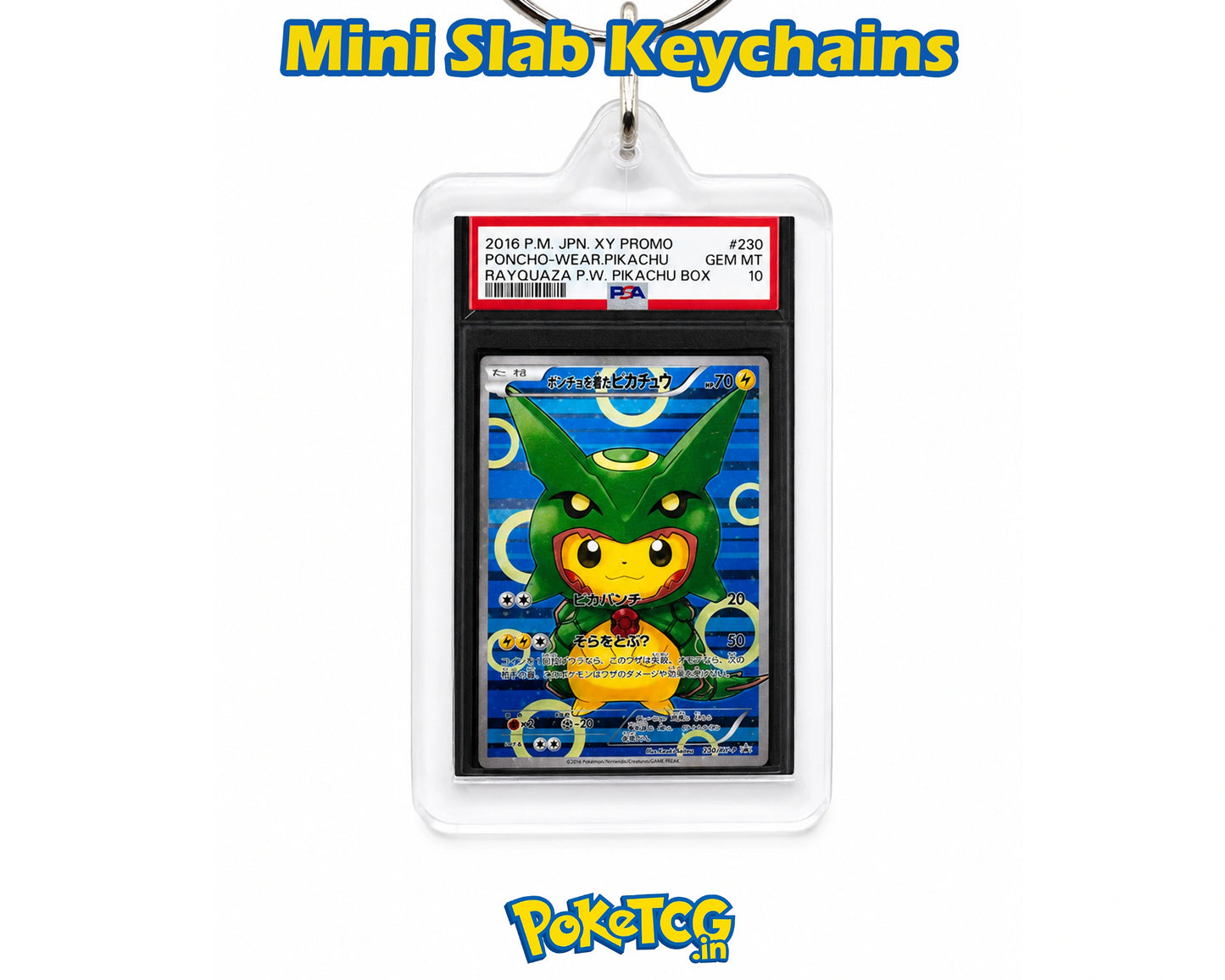 A collectible Pokémon TCG mini slab keychain featuring a graded Pokémon Wear Prichu card inside a clear plastic holder with a hanging loop, shown on a white background with 'Mini Slab Keychains' text at the top and the Pokémon logo at the bottom.