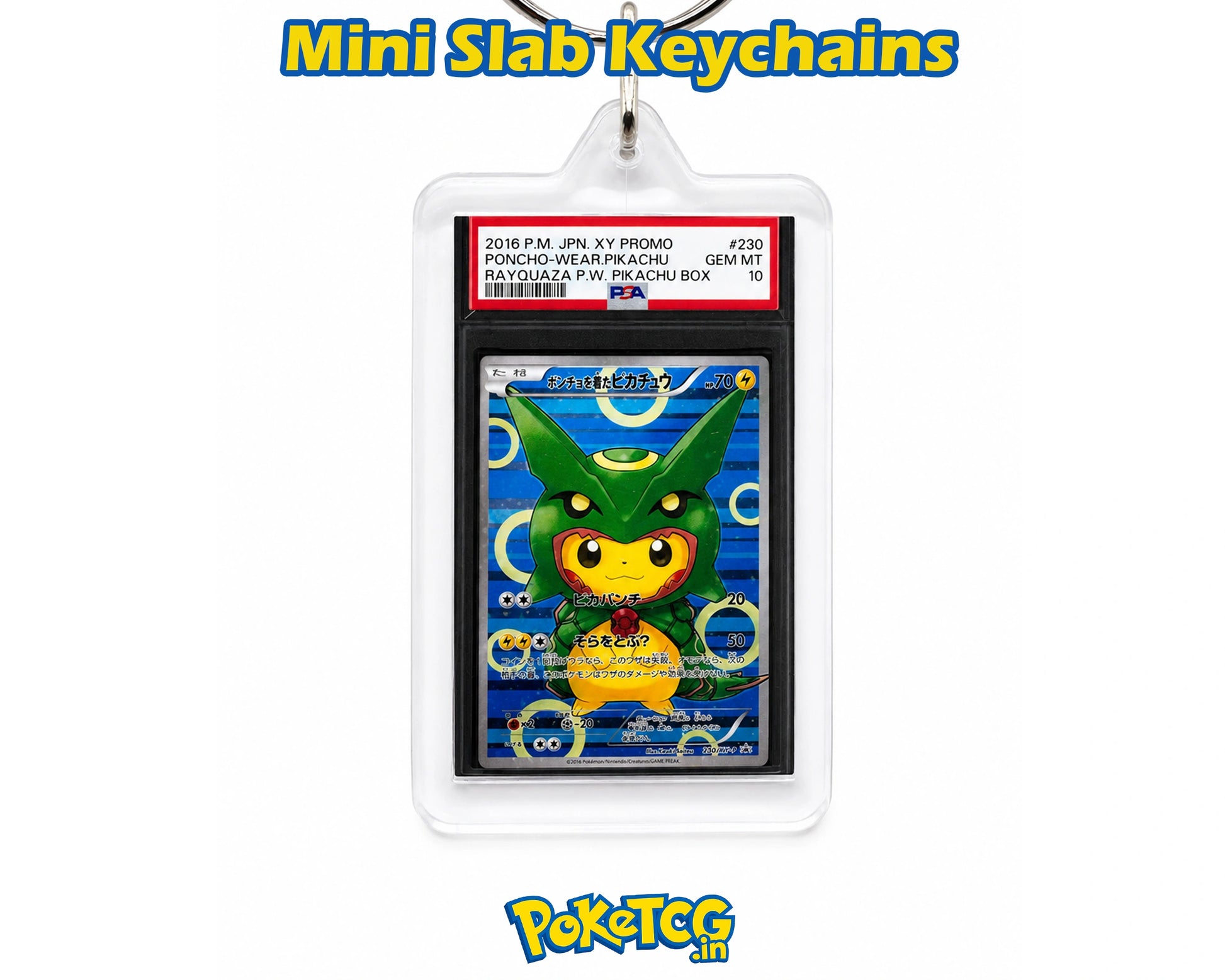 A collectible Pokémon TCG mini slab keychain featuring a graded Pokémon Wear Prichu card inside a clear plastic holder with a hanging loop, shown on a white background with 'Mini Slab Keychains' text at the top and the Pokémon logo at the bottom.