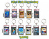 Twelve mini slab keychains featuring graded Pokémon trading cards, arranged in two rows on a white background with the title 'Mini Slab Keychains' at the top and a Pokémon logo at the bottom.