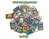 A pile of mini slab keychains featuring various graded Pokémon trading cards in clear plastic grading cases, with a yellow 'Mini Slab Keychains' text header and a 'Pokémon CG' logo at the bottom on a white background.