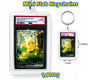 Two mini slab keychains featuring a graded 2025 Pokémon Pikachu ASC EN Pikachu card in a clear plastic holder, shown on a white background with size labels and the Pokémon logo.