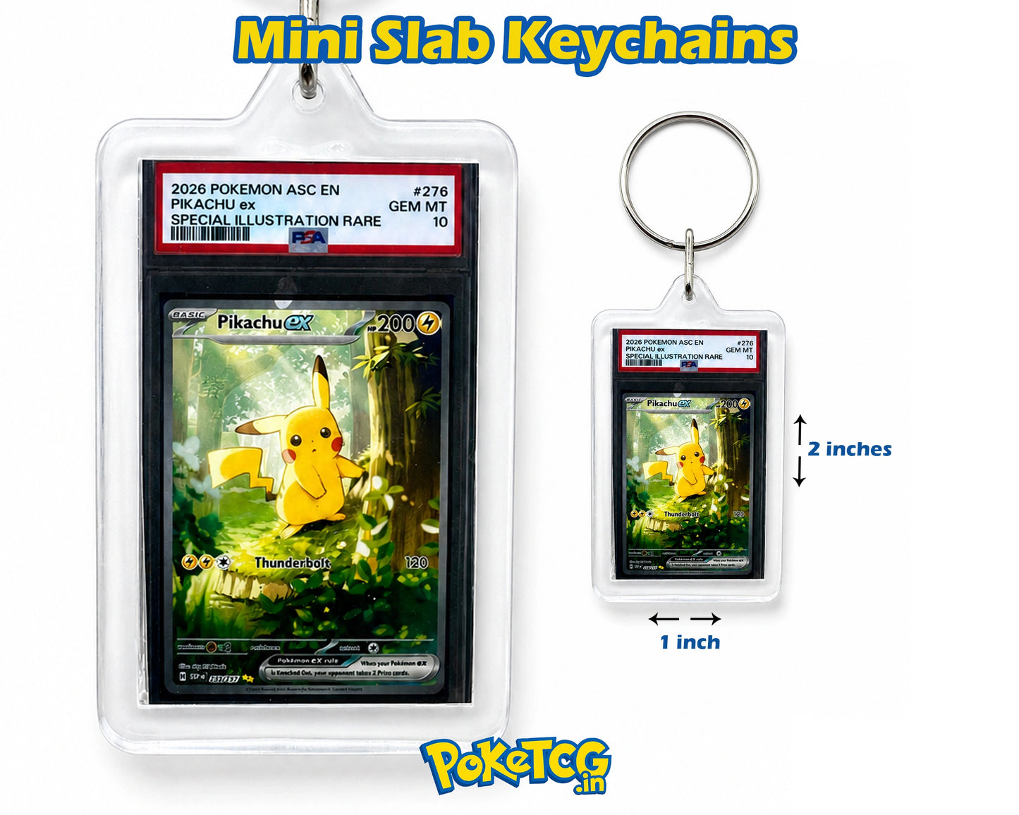 Two mini slab keychains featuring a graded 2025 Pokémon Pikachu ASC EN Pikachu card in a clear plastic holder, shown on a white background with size labels and the Pokémon logo.