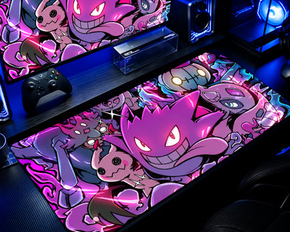 Pokémon Gengar Phantom Squad anime gaming mouse pad featuring Gengar and other Ghost-type Pokémon in vibrant purple, neon pink, and blue artwork on an extended black desk mat.