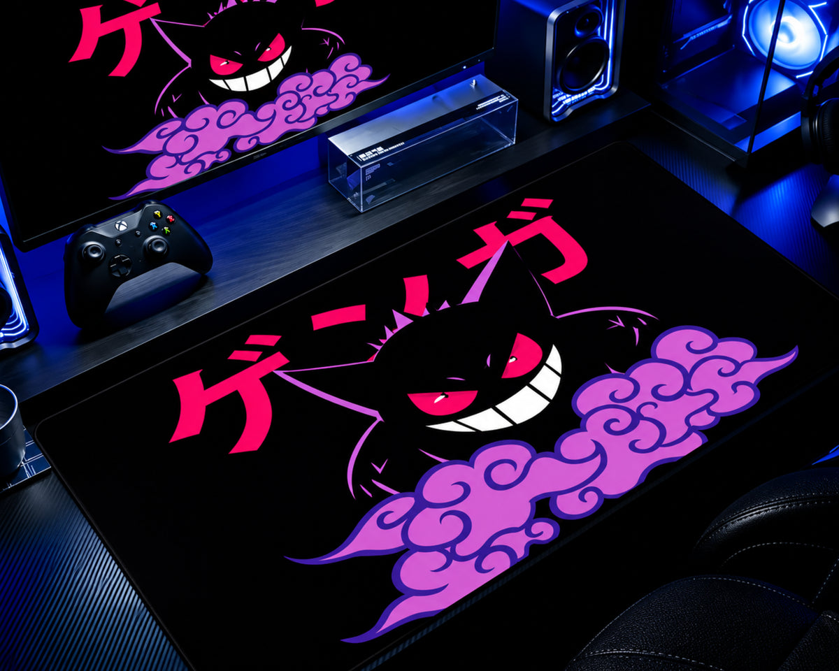 Pokémon Gengar Shadow Smoke anime gaming mouse pad featuring a grinning black Gengar with neon pink eyes, white teeth, bright magenta Japanese-inspired lettering, and swirling purple smoke on a black background.