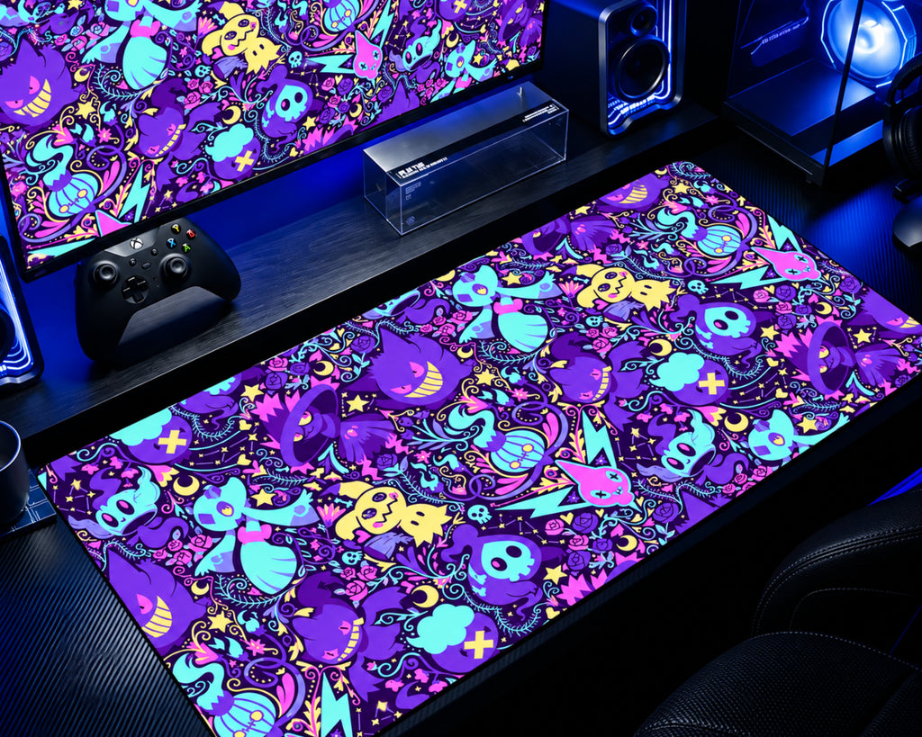 Pokémon Ghost Type Neon Chaos gaming mouse pad featuring colorful Gengar-inspired ghost characters, purple and cyan patterns, pink accents, yellow stars, and vibrant anime artwork on an extended desk mat.