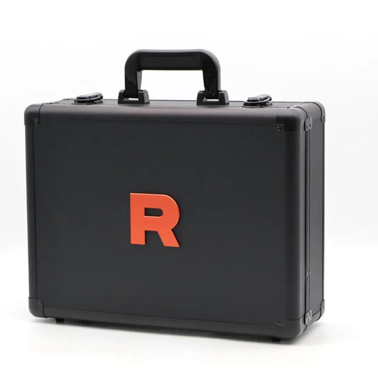 Black suitcase with a red 'R' logo on a white background