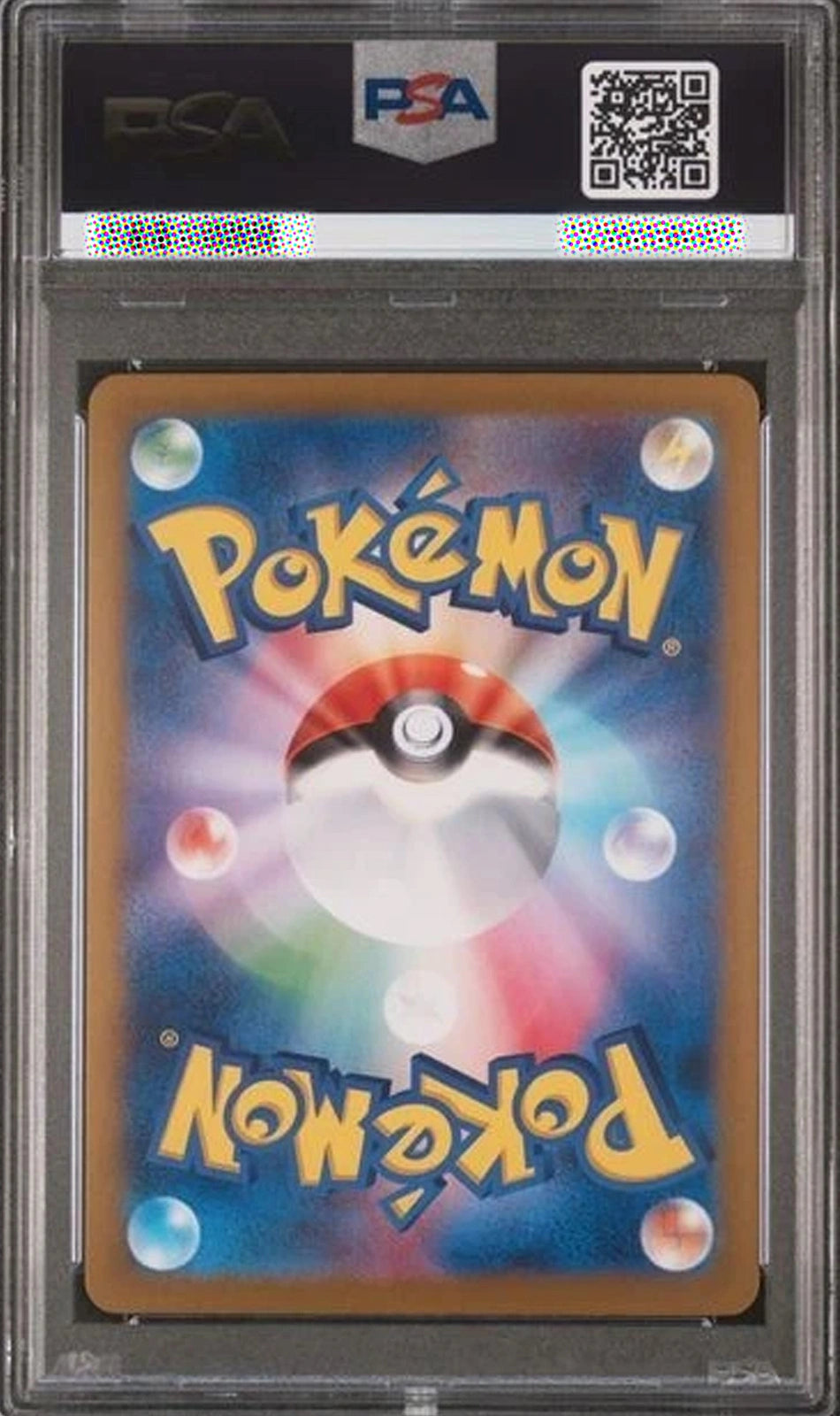 Pokémon trading card in a PSA protective case with a colorful Pokéball design.