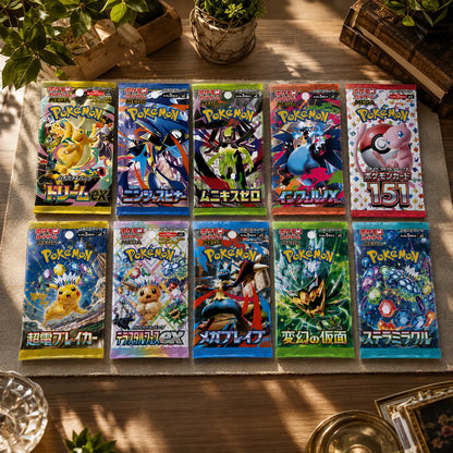 Pokémon Japanese booster pack collection featuring Pokémon 151, Dream EX, Stellar Miracle, Mask of Change, and other rare Japanese Pokémon card packs displayed on aesthetic wooden table setup