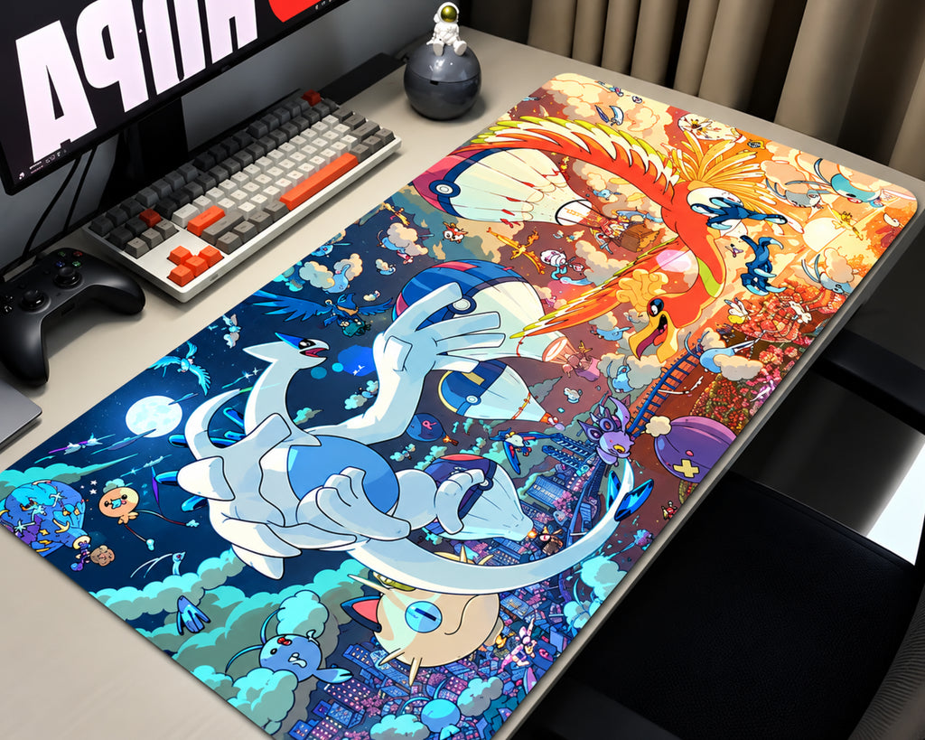 Legendary Pokémon birds gaming mouse pad featuring a large blue and white bird, a fiery orange bird, colorful fantasy clouds, and vibrant anime artwork on a gaming desk.