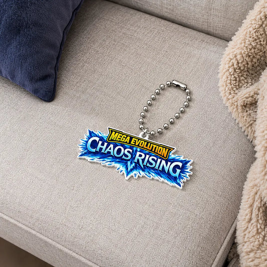 A Mega Evolution Phantasmal Flames keychain featuring a colorful neon-style acrylic charm with flame-shaped borders and a silver metal clasp and key ring, shown on a plain white background.