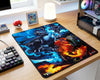 Mega Charizard X Pokémon gaming mouse pad with fiery anime artwork on a bright modern workspace setup featuring white wireless mouse and mechanical keyboard