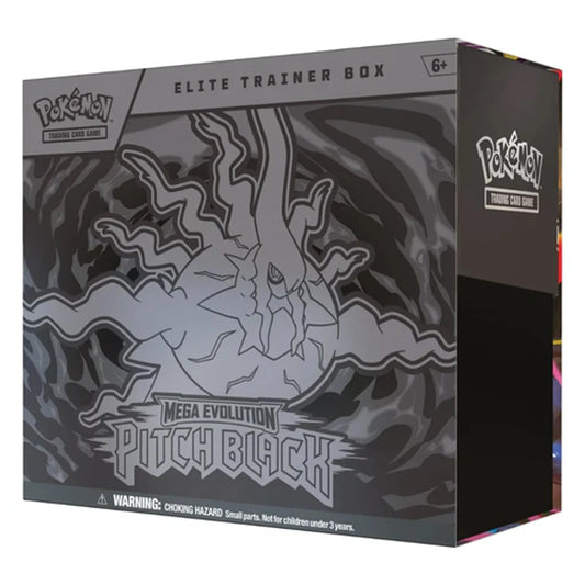 Sealed Pokémon Mega Evolution Pitch Black Elite Trainer Box showcasing exclusive artwork, premium packaging, and collectible Pokémon TCG products.