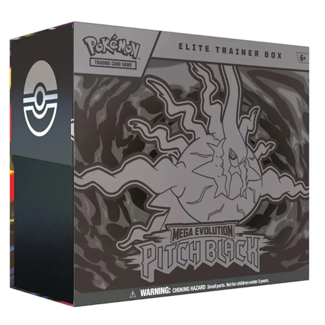 Pokémon TCG Elite Trainer Box for Mega Evolution Pitch Black, shown in its retail packaging with a dark gray and black design featuring the Pitch Black illustration.