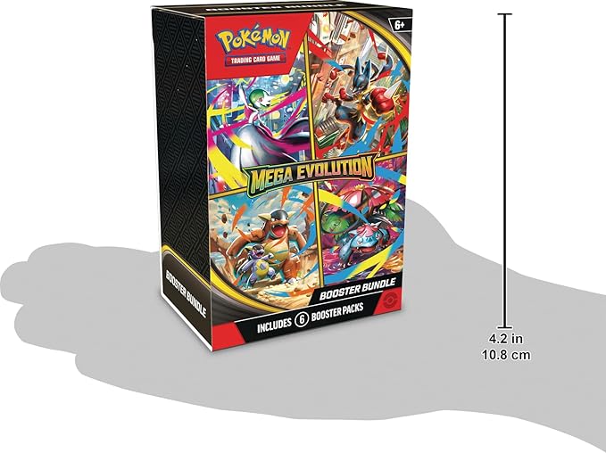 Pokémon Mega Evolution booster bundle packaging with dimensions displayed.