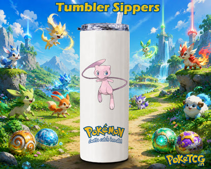 White tumbler sipper featuring Mew in a playful Pokémon design, set against a vibrant fantasy landscape with mountains, waterfalls, greenery and colorful Pokémon characters.