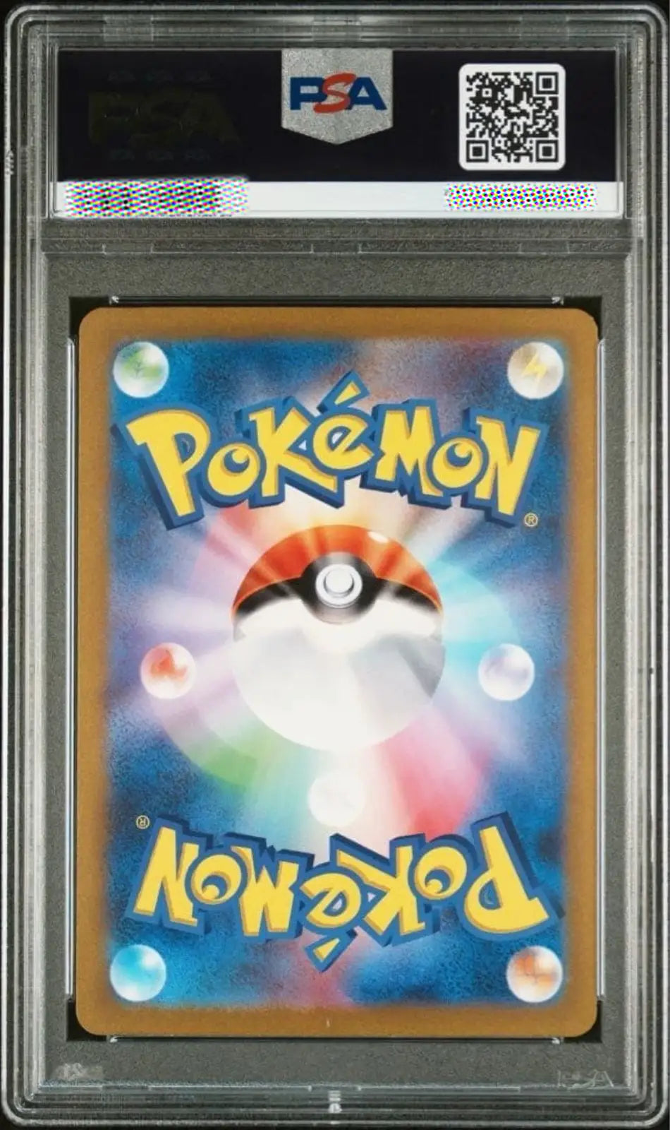 Pokémon trading card in a protective case with a PSA logo above it