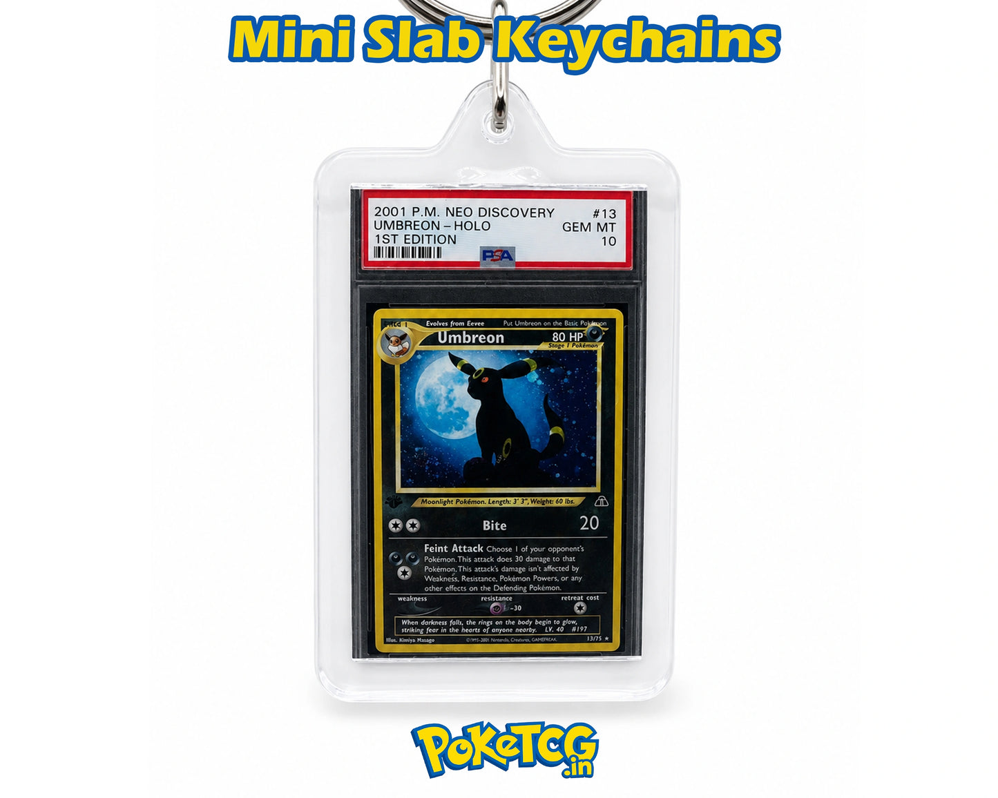 A clear acrylic keychain holder containing a graded holographic Umbreon Pokémon trading card, shown on a white background with 'Mini Slab Keychains' text at the top and a 'Pokémon' logo at the bottom.