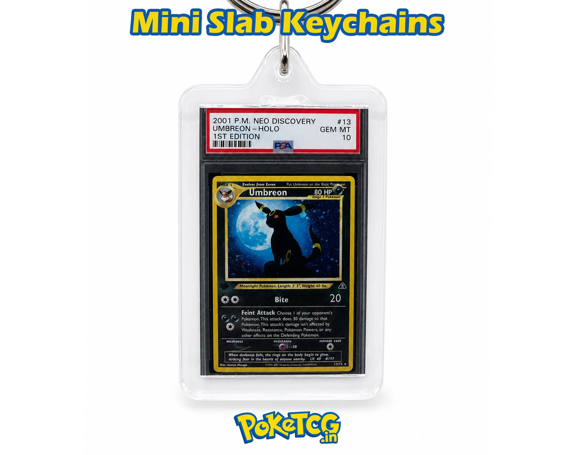 A clear acrylic keychain holder containing a graded holographic Umbreon Pokémon trading card, shown on a white background with 'Mini Slab Keychains' text at the top and a 'Pokémon' logo at the bottom.