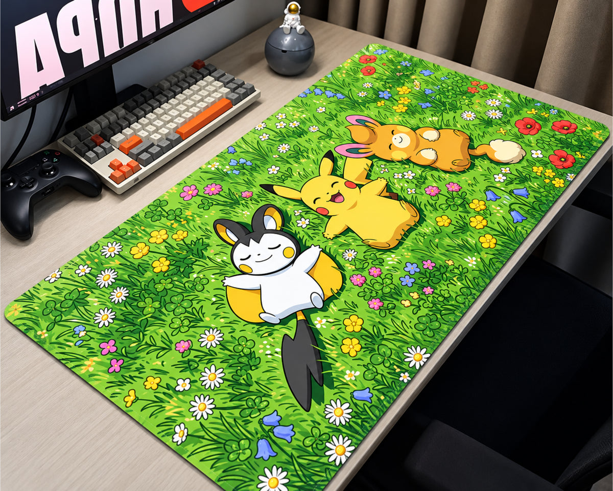 A large desk mat featuring a colorful cartoon grass scene with three Pokémon characters, shown on a desk alongside a keyboard, controller, and monitor.