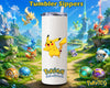 White tumbler sipper featuring Pikachu surrounded by colorful Pokémon characters in a vibrant fantasy landscape with mountains, waterfalls, and greenery.