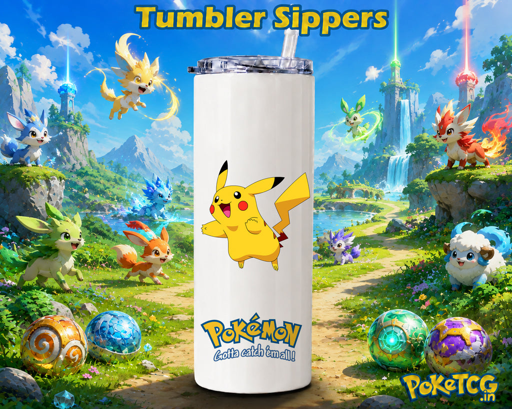 White tumbler sipper featuring Pikachu surrounded by colorful Pokémon characters in a vibrant fantasy landscape with mountains, waterfalls, and greenery.