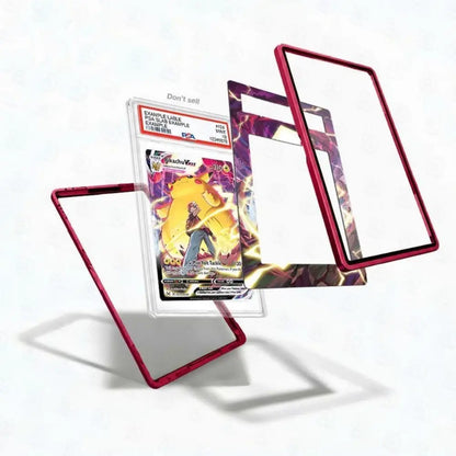 Trading card with protective red border on a white background