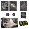 Pokémon Mega Evolution Pitch Black Elite Trainer Box contents including booster packs, card sleeves, dice, energy cards, and collector accessories.