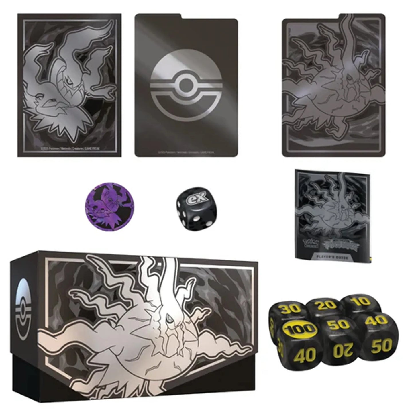 Pokémon Mega Evolution Pitch Black Elite Trainer Box contents including booster packs, card sleeves, dice, energy cards, and collector accessories.