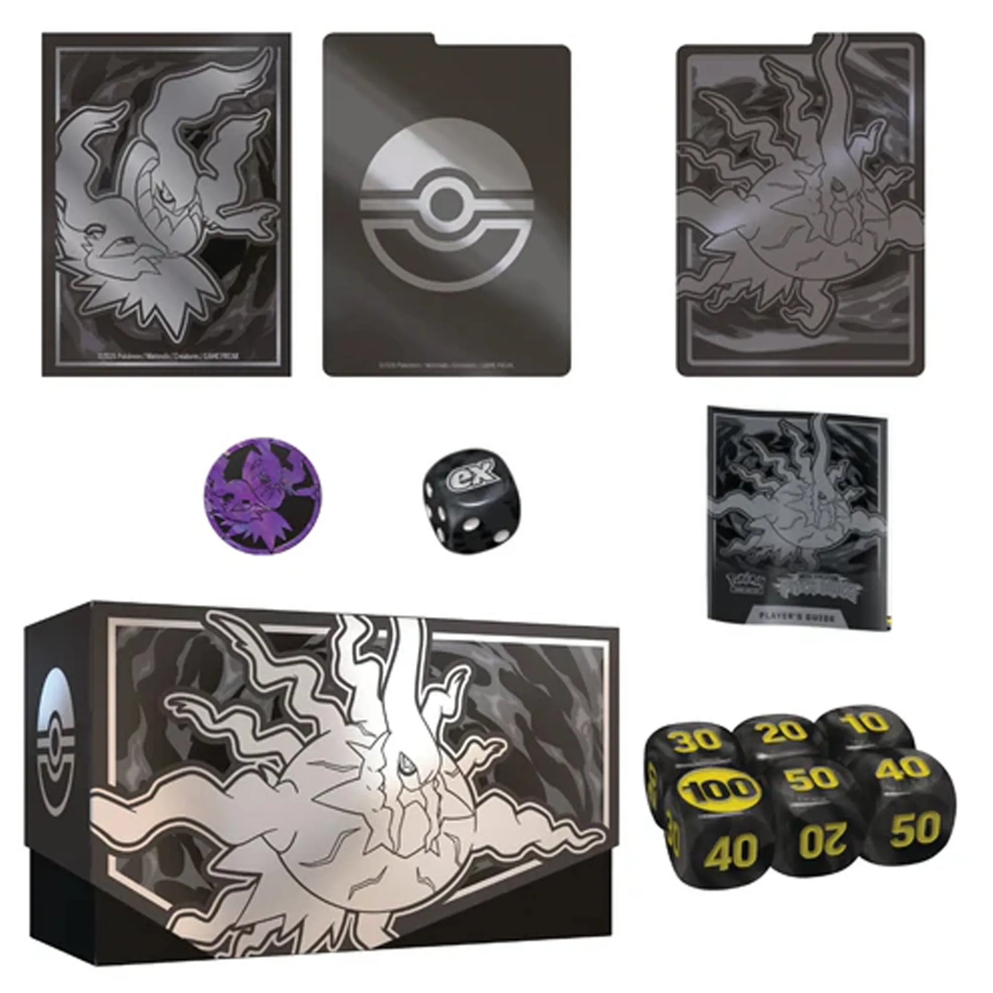 Pokémon Mega Evolution Pitch Black Elite Trainer Box contents including booster packs, card sleeves, dice, energy cards, and collector accessories.