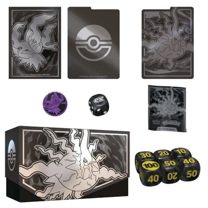 Pokémon Mega Evolution Pitch Black Elite Trainer Box contents including booster packs, card sleeves, dice, energy cards, and collector accessories.