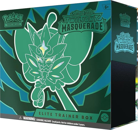 Pokémon Scarlet & Violet Twilight Masquerade Elite Trainer Box packaging with Pokémon logo.