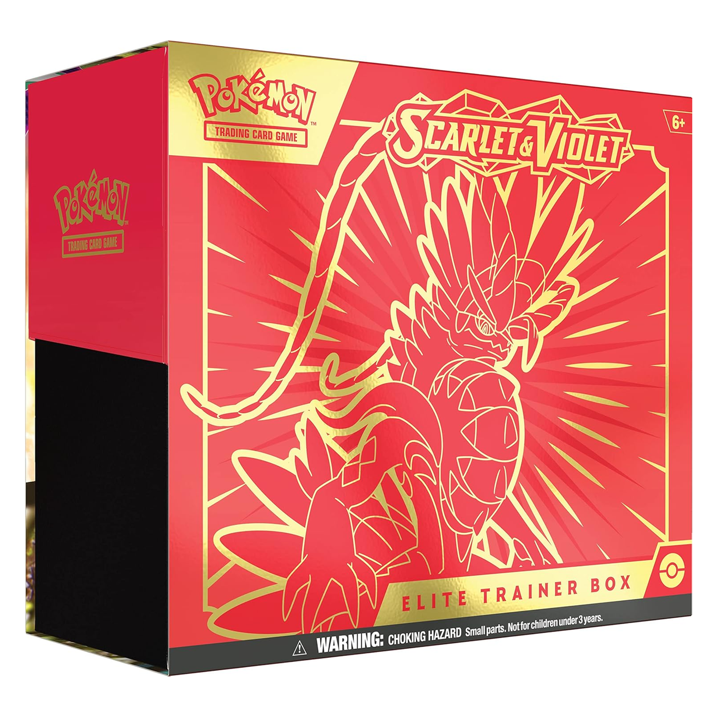 Pokémon Scarlet & Violet Elite Trainer Box packaging with red and gold design.