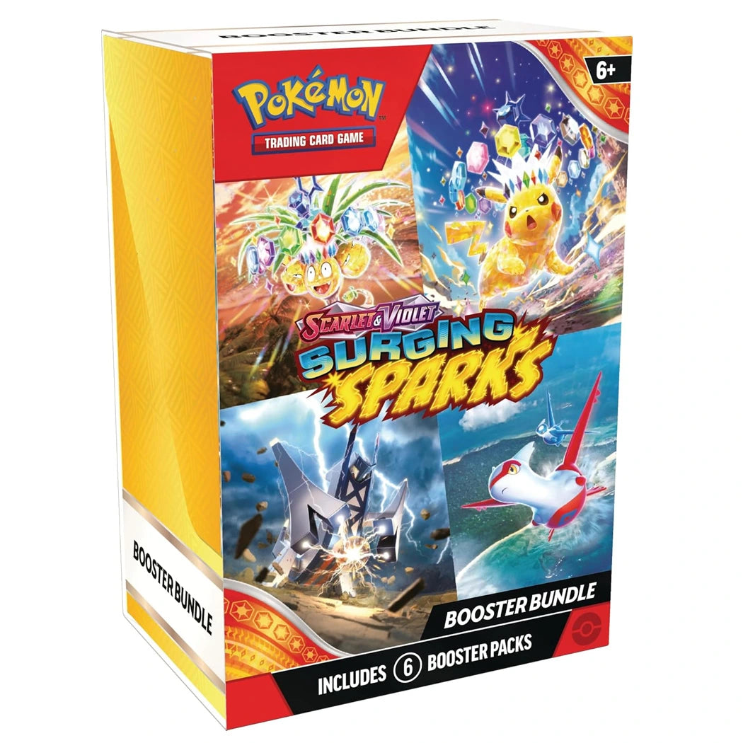 Pokémon Scarlet & Violet Surging Sparks Booster Bundle featuring 6 official English booster packs with Pikachu artwork and premium expansion packaging.