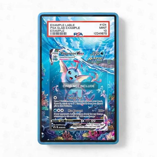 Pokémon trading card in a blue protective case on a white background