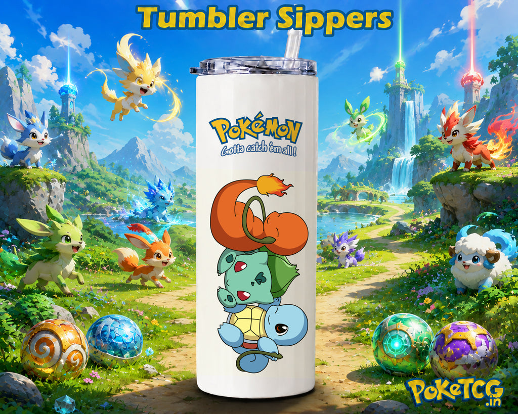 White tumbler sipper featuring Bulbasaur, Charmander and Squirtle stacked in a playful Pokémon design, with a colorful fantasy landscape, waterfalls and mountains in the background.