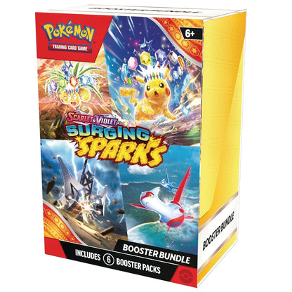 Angled view of the Pokémon Scarlet & Violet Surging Sparks Booster Bundle showcasing six English booster packs and vibrant collector box artwork.