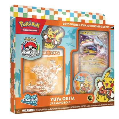 Pokémon Trading Card Game 2025 World Championships Deck box by Anaheim, featuring Yuya Okita JP Raging Bolt theme, with a clear window showing sample cards and collectible items inside.