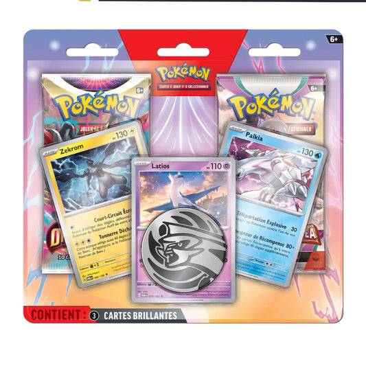 Pack of 3 Pokémon Brilliant Cards collector's cards in blister packaging, featuring Zekrom, Latos, and Palkia cards.